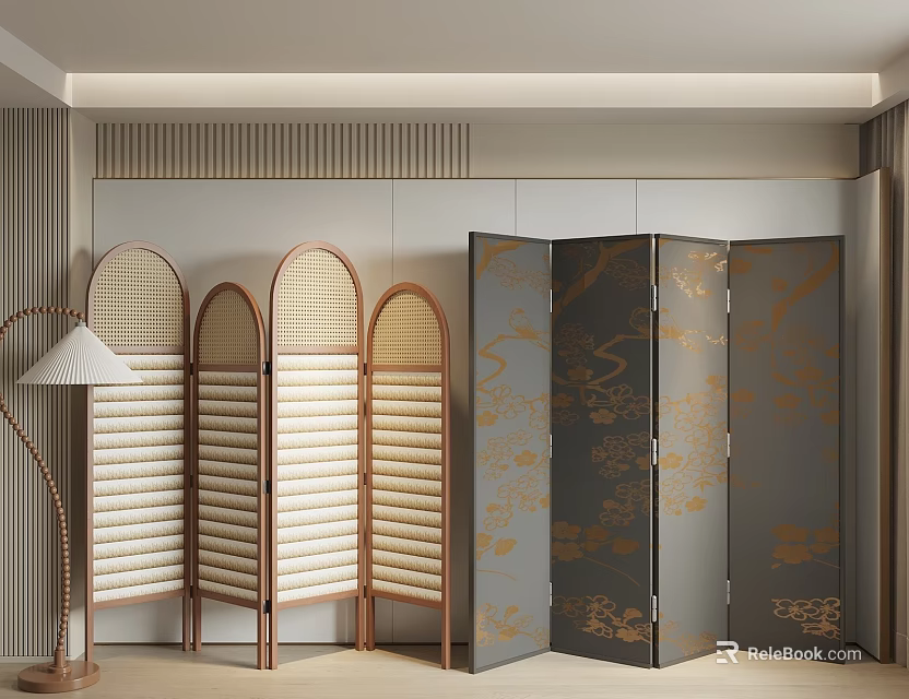 Interior With Arched Wooden Wicker Screens And Patterned Folding Screens 3d model