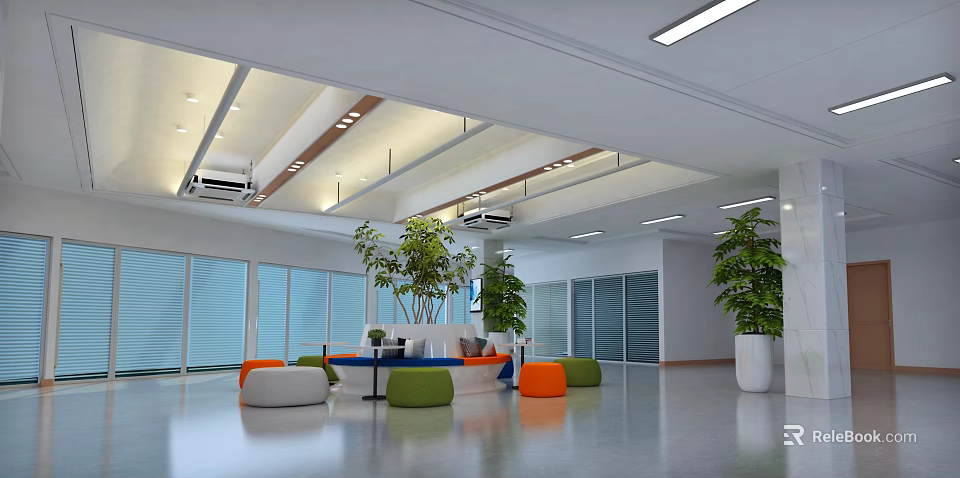 Modern Open Lobby Front Desk Reception Interior With Green Plants Large Windows And Comfortable Sofas 3d model 
