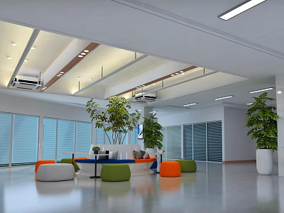 Modern Open Lobby Front Desk Reception Interior With Green Plants Large Windows And Comfortable Sofas 3d model