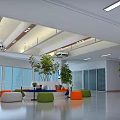 Modern Open Lobby Front Desk Reception Interior With Green Plants Large Windows And Comfortable Sofas