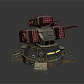 Sci Fi Mechanical Turret 3D Model With Armored Structure Multiple Weapon Systems And Warning Signs