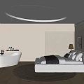 Modern Bedroom Interior Design With Circular Ceiling Light Wooden Flooring Round Rug And Bathtub