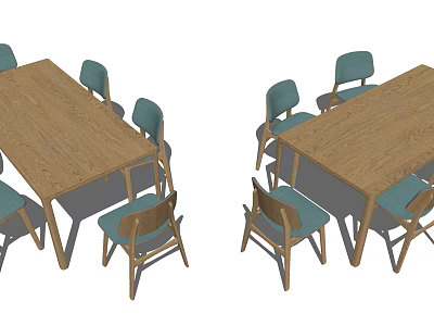 Wooden Dining Table Set With Light Blue Chairs And Matching Wooden Frames 3d model