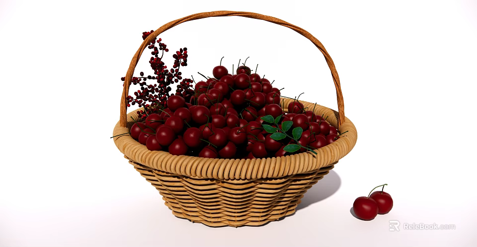 Ripe Juicy Cherries in Wicker Basket with Two Cherries Beside 3d model 