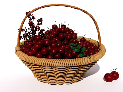 Ripe Juicy Cherries in Wicker Basket with Two Cherries Beside 3d model
