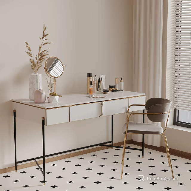 Modern White Dressing Table with Black Metal Legs Round Mirror Gold Leg Chair and Cosmetics 3d model 