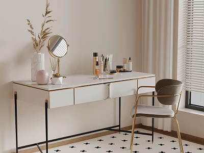 Modern White Dressing Table with Black Metal Legs Round Mirror Gold Leg Chair and Cosmetics 3d model