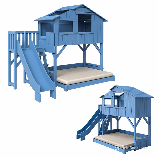 Blue Kids Bunk Bed with Slide and Playhouse Design Lower Mattress 3d model 