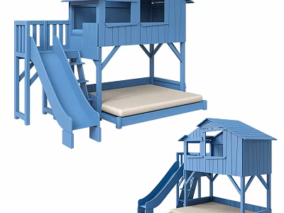 Blue Kids Bunk Bed with Slide and Playhouse Design Lower Mattress 3d model