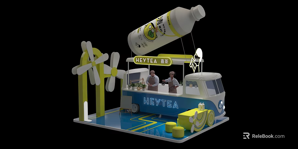 HEYTEA Functional Vehicle Display with Windmill Decorations Large Beverage Bottle Model and People 3d model 