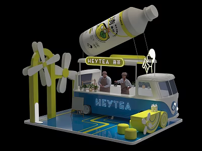 HEYTEA Functional Vehicle Display with Windmill Decorations Large Beverage Bottle Model and People 3d model