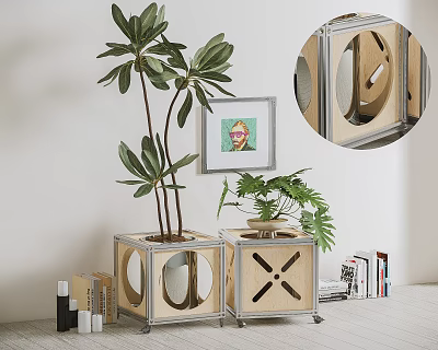 Bonsai Potted Plants in Cube Wood Metal Planters with Cut Out Details in Indoor Decor 3d model