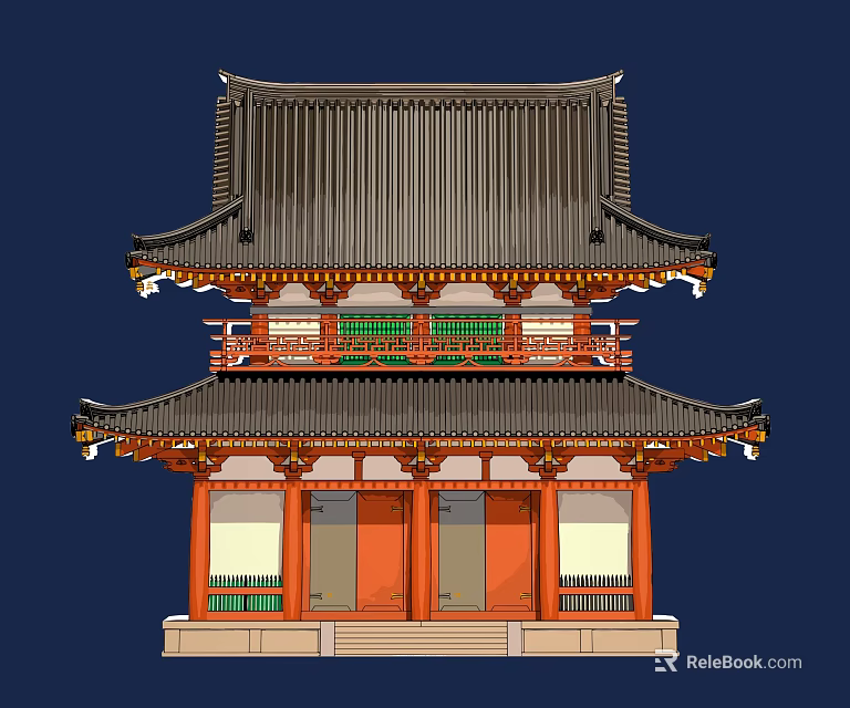 Traditional Chinese Ancient Building With Two Story Structure Traditional Roof Red Doors And Green Decorations 3d model 