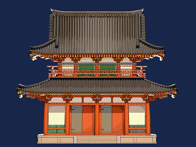 Traditional Chinese Ancient Building With Two Story Structure Traditional Roof Red Doors And Green Decorations 3d model