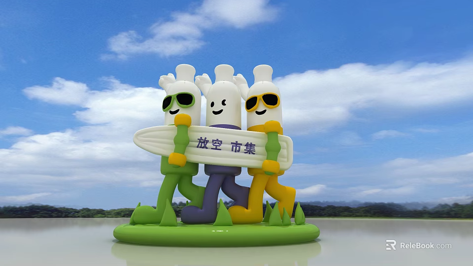Inflatable Figures Wearing Sunglasses Holding Fangkong Market Sign In Blue Sky White Clouds Green Grass 3d model 
