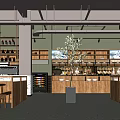 Modern Restaurant Interior Featuring Wooden Counters Shelves With Displayed Items And Green Plant