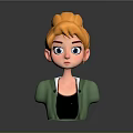 Game Movie Character With Blonde Bun Blue Eyes Green Jacket And Black Top