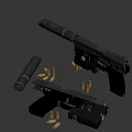 Black Tactical Pistol With Magazine And Bullets On Dark Background