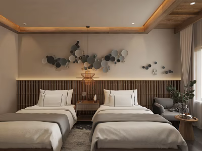 Serene Hotel Guest Room With Twin Beds Wooden Accent Wall Circular Decor And Pendant Light 3d model