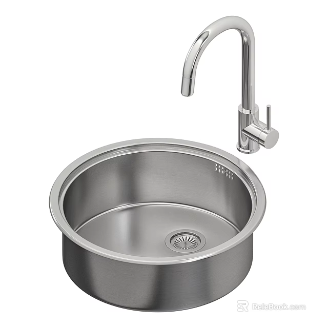 Modern Round Stainless Steel Sink With Faucet And Drain Design 3d model 