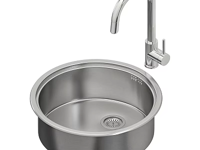 Modern Round Stainless Steel Sink With Faucet And Drain Design 3d model