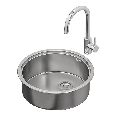 Modern Round Stainless Steel Sink With Faucet And Drain Design 3d model