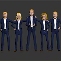 Five Cartoon Characters In Blue Suits Standing In A Row On Gray Background