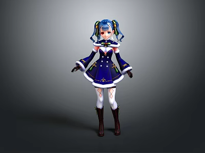 Anime Style Character Model With Blue Outfit White Trim And Pigtails 3d model