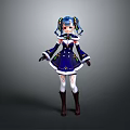 Anime Style Character Model With Blue Outfit White Trim And Pigtails