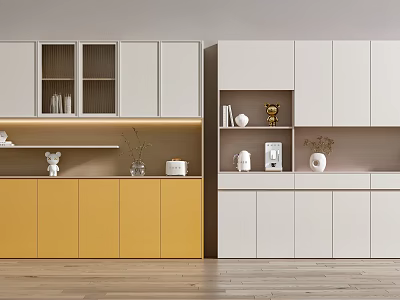 Modern Sideboard With White Yellow Cabinets Glass Doors Decorations On Shelves And Wooden Floor 3d model