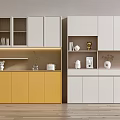 Modern Sideboard With White Yellow Cabinets Glass Doors Decorations On Shelves And Wooden Floor