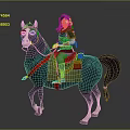 Female Character With Blue Hair In Green Outfit Riding Black Horse With White Facial Markings