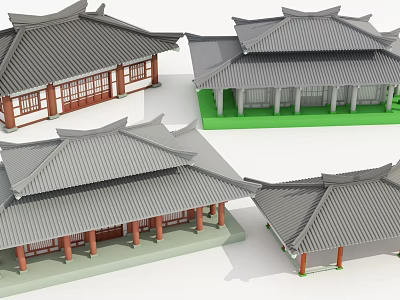 Ancient Architecture Models Featuring Traditional Grey Tiled Roofs And Red Pillars 3d model