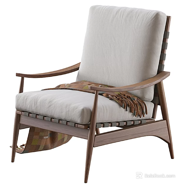 Modern Accent Chair with Wooden Armrests Light Colored Cushion and Throw Blanket 3d model 