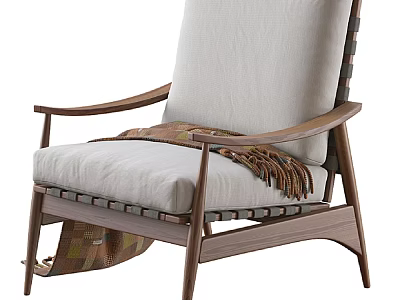 Modern Accent Chair with Wooden Armrests Light Colored Cushion and Throw Blanket 3d model