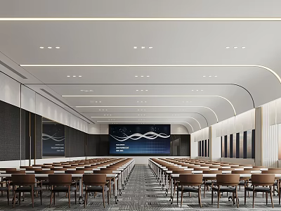 Spacious Modern Conference Room Interior Design With Arranged Chairs Large Screen And Ceiling Lights 3d model