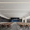 Spacious Modern Conference Room Interior Design With Arranged Chairs Large Screen And Ceiling Lights