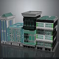 Modern Multi Story Building Design With Glass Facade Green Blue Exterior And Skylight Roof