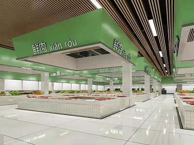 Supermarket Fresh Food with Fresh Meat Counters and Vegetable Stalls in Bright Clean Organized Space 3d model