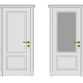 White Swing Doors With Solid And Glass Panel Designs And Gold Handles 3d model