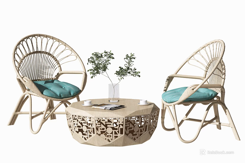 Rattan Leisure Chairs With Blue Cushions And Rattan Coffee Table With Green Plant White Cups 3d model 