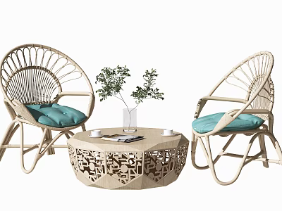Rattan Leisure Chairs With Blue Cushions And Rattan Coffee Table With Green Plant White Cups 3d model