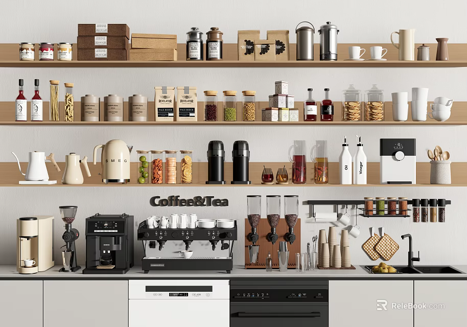 Commercial Kitchen Equipment With Coffee Machine Containers And Utensils On Shelves 3d model 