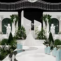 Luxurious Event Stage With White Arch Structures Greenery Chandeliers And Pathway