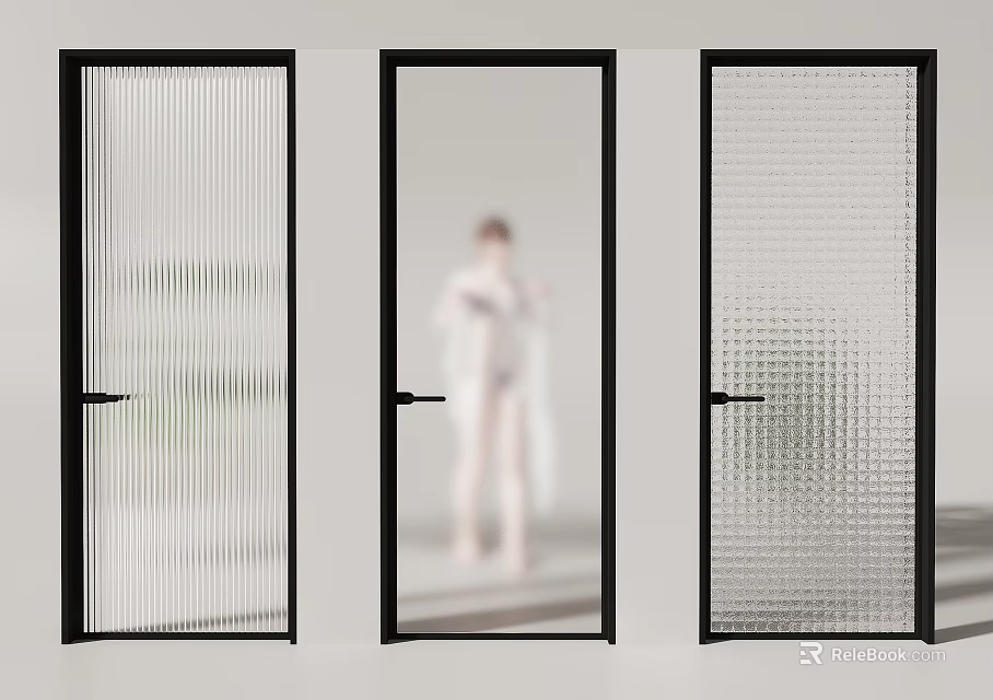 Modern Black Frame Swing Doors With Frosted Clear And Textured Glass Panels 3d model 