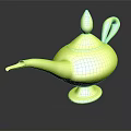 Green Glass Magic Lamp with Genie and Curved Handle Ornate Spout Design