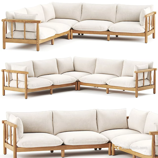 Modern Modular Sectional Sofa With Wooden Frame And Light Colored Cushions 3d model 