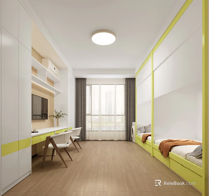 Modern Bedroom Interior With White Yellow Bunk Bed Desk Chairs And Wardrobes 3d model 