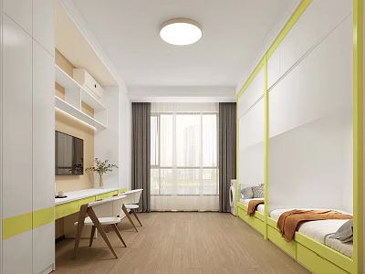 Modern Bedroom Interior With White Yellow Bunk Bed Desk Chairs And Wardrobes 3d model