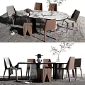 Modern Dining Table Set With Stylish Chairs Marble Top And Decorative Plant Vase